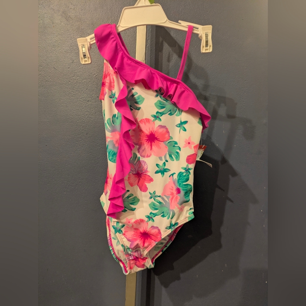 Joe Boxer Girls S Floral One-Shoulder Swimsuit with Pink Ruffle